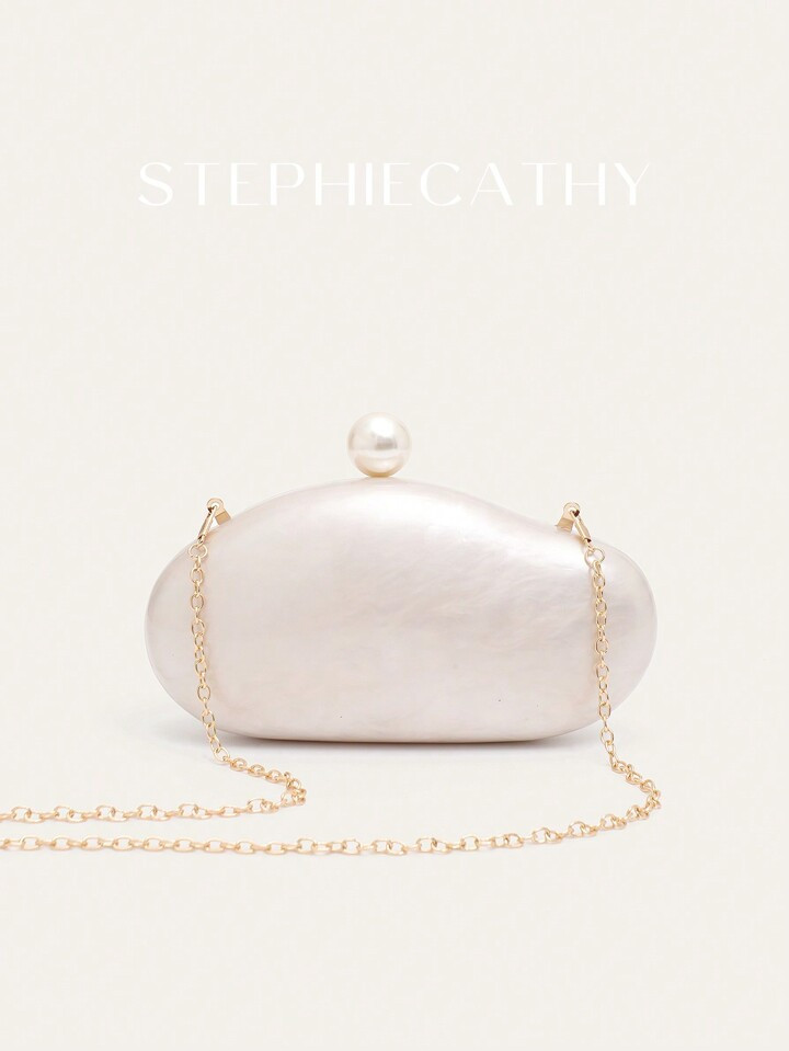 STEPHIECATHY Elegant Solid Color Acrylic Clutch For Women Luxury Pearl Decor Modern Novelty Shaped Evening Bag Metal Long Chain Purse Handbag Perfect For Wedding Dinner Cocktail Party Banquet Gift, Elegant Pearl Bag | SHEIN