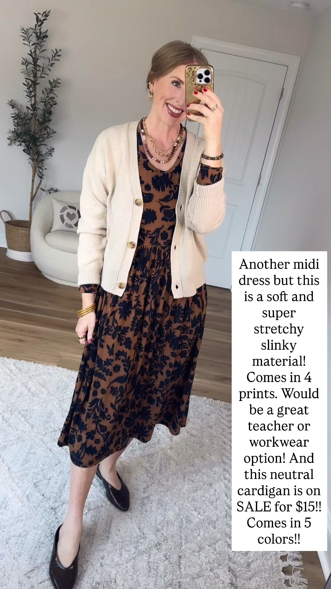 Walmart try on, scenario, fall midi dress, beige cardigan