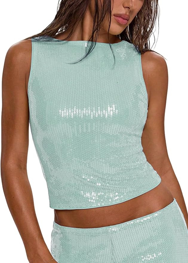 Women's Sparkly Sequin Tops Glitter Shiny Tank Top Going Out Sleeveless Crop Y2k Rave Tops Party ... | Amazon (US)
