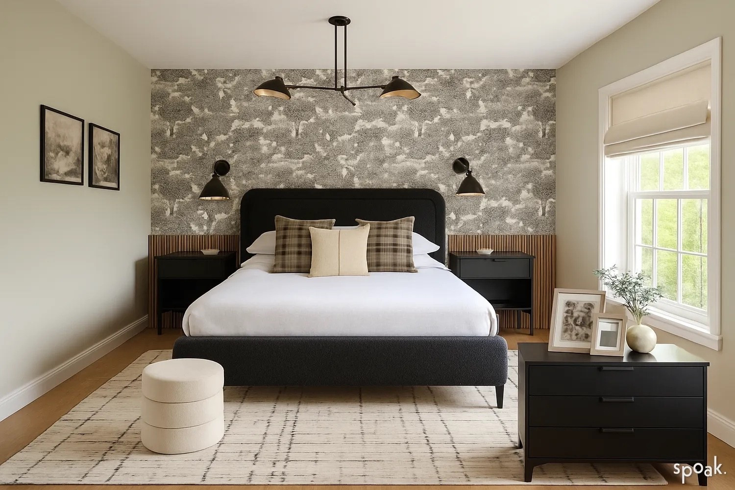 Black & white affordable bedroom with furniture from Wayfair! Midcentury modern design, Scandinavian vibes! Floral wallpaper, black metal semi flush pendant, black sconces, black dresser and nightstands. Affordable  upholstered queen bed! #homedecor #bedroomdesign

#LTKSaleAlert #LTKFamily #LTKHome