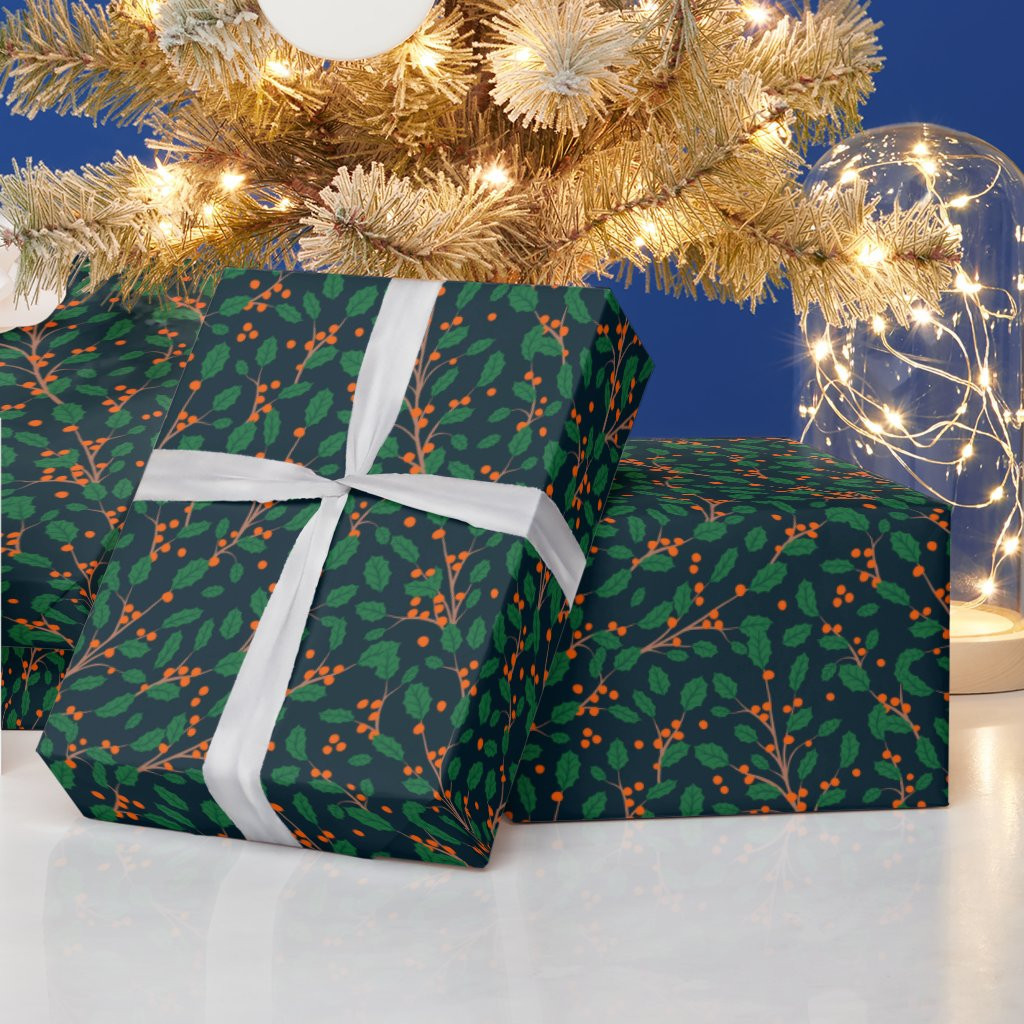 Christmas Holly Botanical Greenery Navy Wrapping Paper | Zazzle
