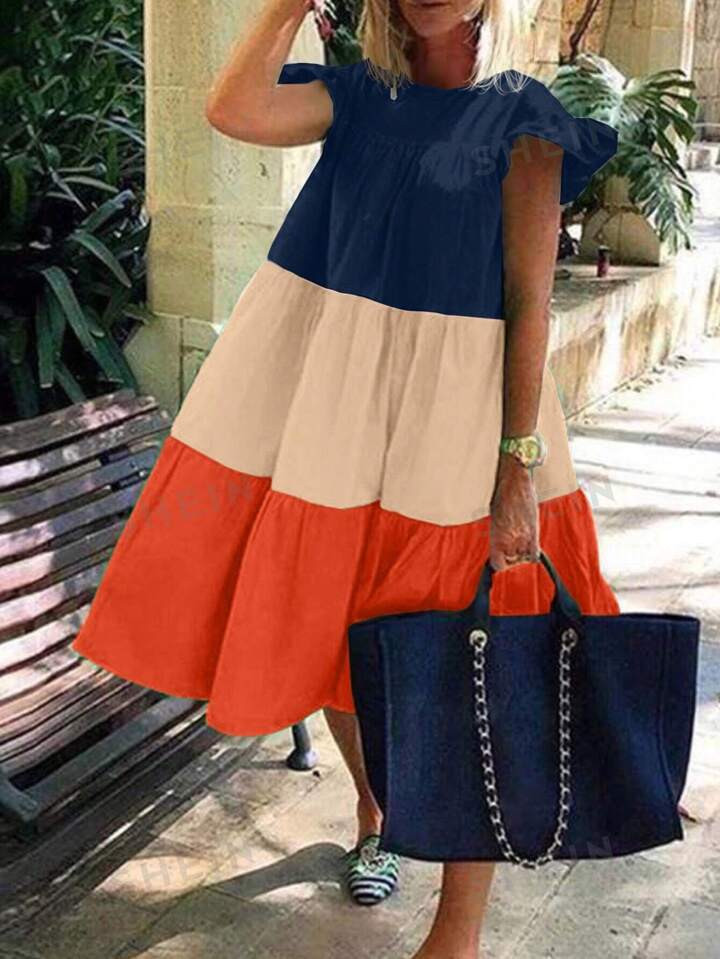 SHEIN VCAY Color-Blocked Round-Neck Short Flounce Sleeve Women's Pleated Dress | SHEIN