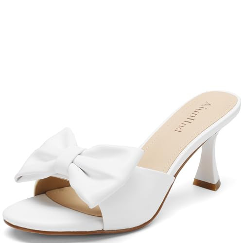 Women's Kitten Heels - Bow Round Open Toe Slip On Sandals 2 3/4-Inch Comfortable Low Heels, Perfect for Wedding, Dates, Casual, Office & Summer Parties (White, US Footwear Size System, Adult, Women, Numeric, Medium, 7.5) | Amazon (US)