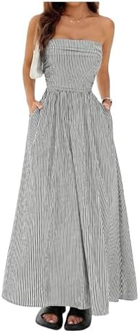 Milumia Women's Striped Strapless Maxi Dress Summer Casual Tube Top Long Dresses with Pocket | Amazon (US)