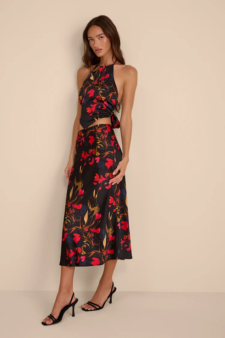 Jules Black Multi Floral Satin Two-Piece Midi Dress | Lulus
