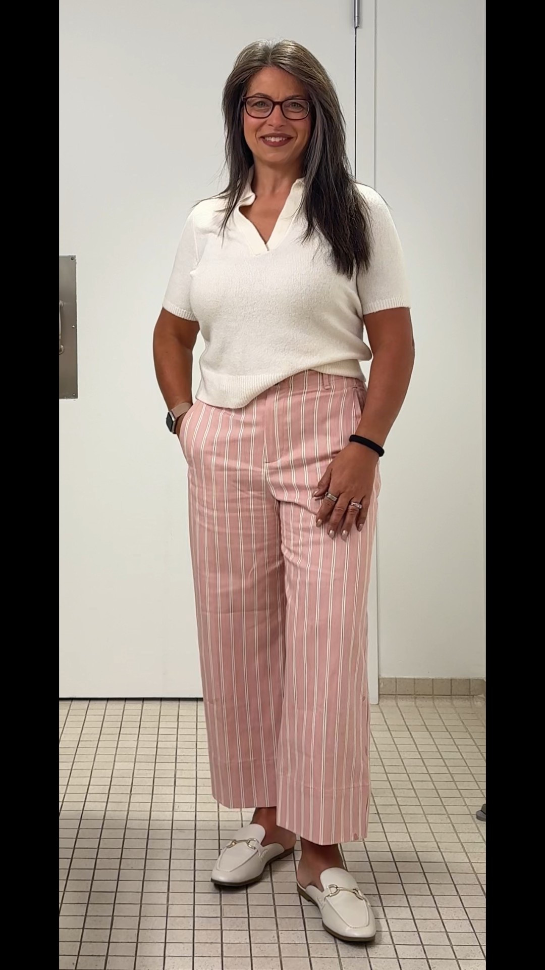 Thursday OOTD!  Abercrombie split neck sweater, (s) runs big, super light weight great for summer, pants (4) banana republic, also runs slightly big, high rise cropped wide leg, super cute, and mules are from Target

#LTKWorkwear #LTKOver40