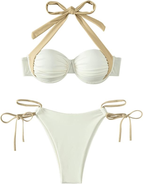 SweatyRocks Women's Color Block 2 Piece Swimsuit Ruched Halter Push Up Bikini Bathing Suit | Amazon (US)