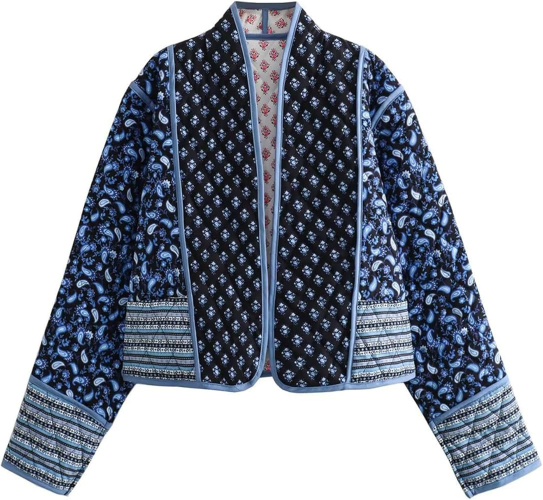 YKR Women's Cropped Puffer Jacket Floral Print Quilted Puffer Jackets Open Front Lightweight Shor... | Amazon (US)