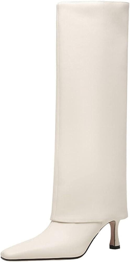 Goolita Women's Stiletto Heel Knee High Boots Square Toe Slip On Fold Over Boots For Women Leathe... | Amazon (US)