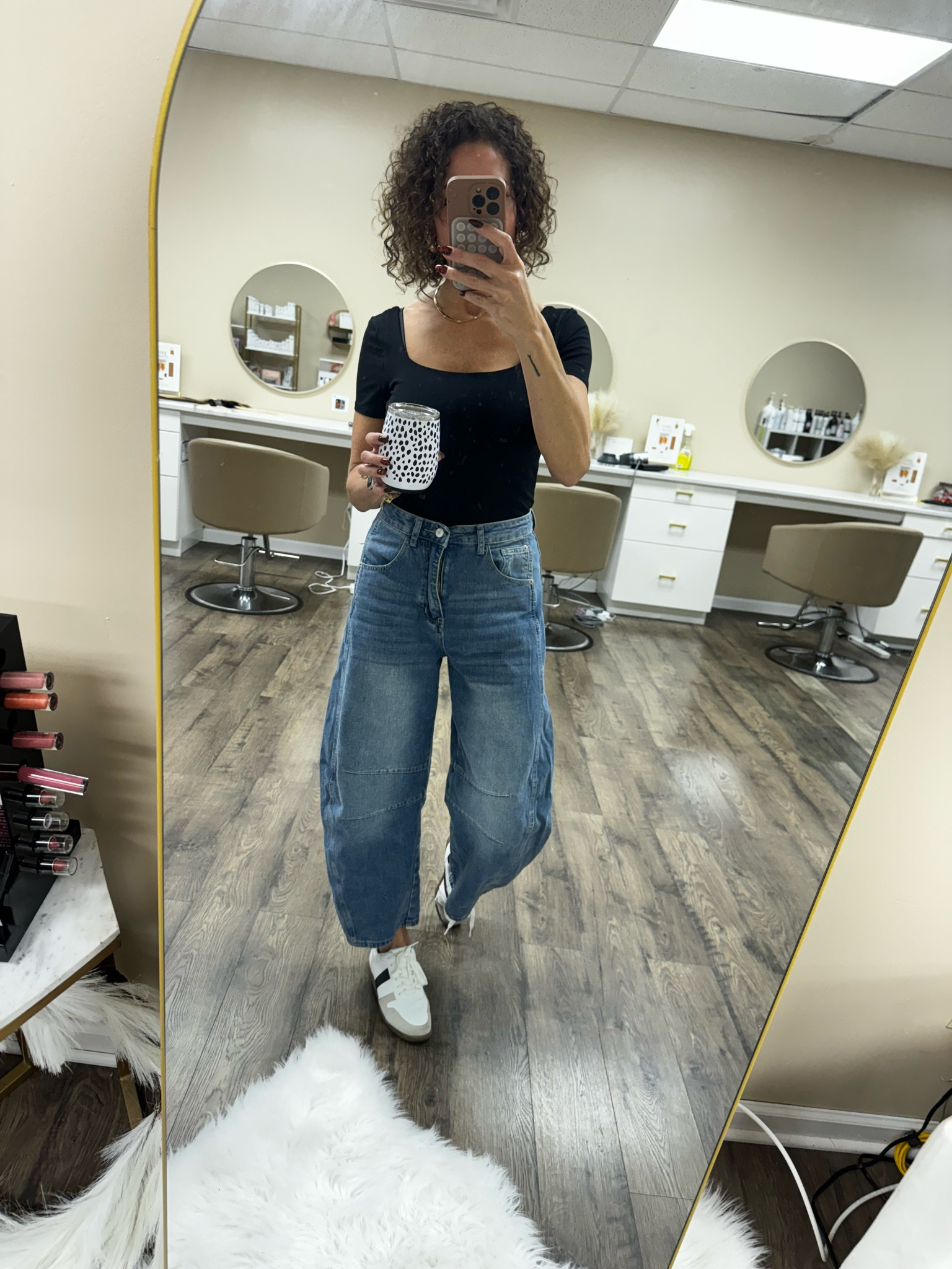 Barrel jeans
Veja sneakers
Veja black and white sneakers
Black square neck top 
Salon style 

#LTKStyleTip #LTKShoeCrush #LTKWorkwear