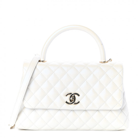CHANEL Iridescent Caviar Quilted Small Coco Handle Flap White | Fashionphile