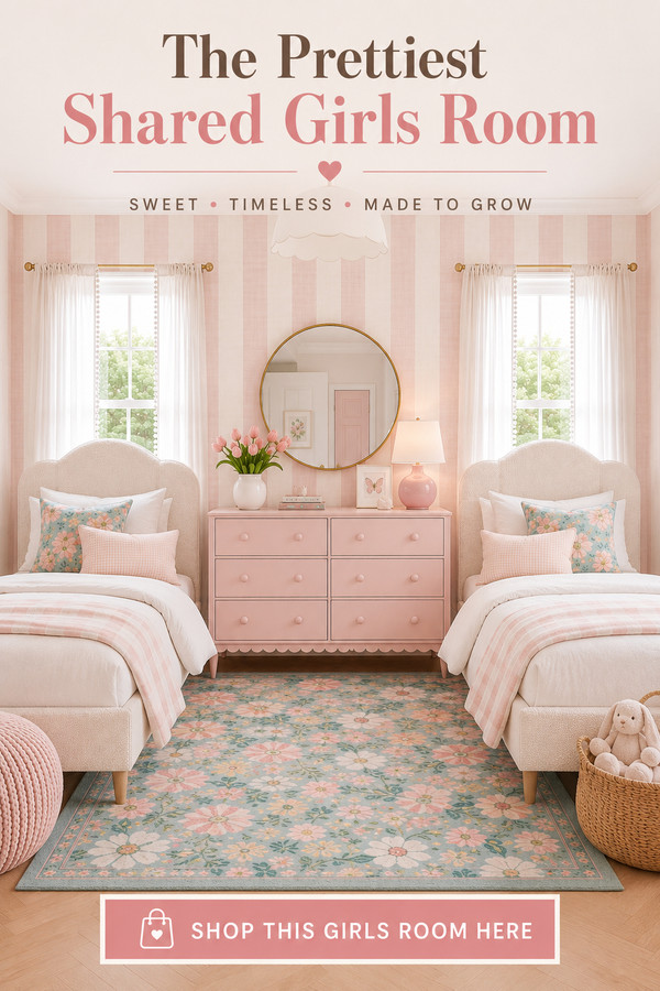 Create the sweetest shared girls room with matching twin beds, soft pink striped wallpaper, feminine decor, and timeless