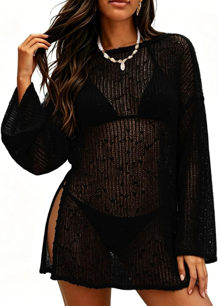 Swim Cover Up for Women Sexy Crochet Sequin Bathing Suit Cover Up Beach Coverup Summer Vacation K... | Amazon (US)