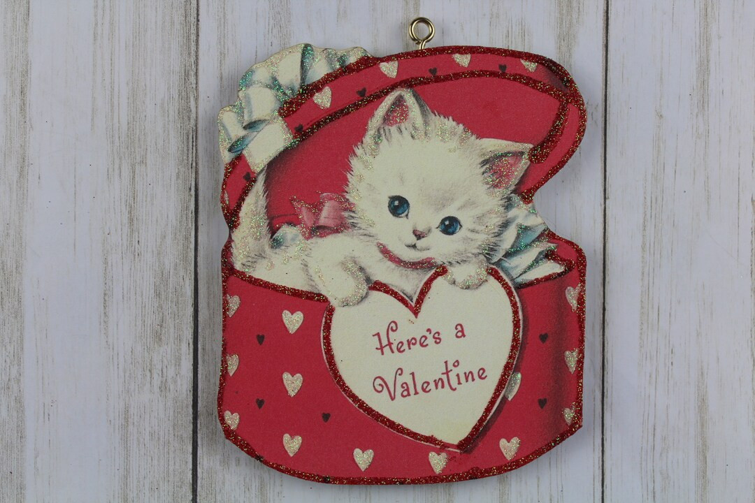 White Kitten in Hat Box Valentine Ornament Vintage Card Image Glitter and Wood Holiday Tree Decor... | Etsy (US)