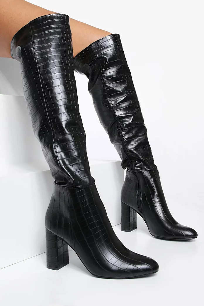 Block Heel Croc Knee High Boot | Boohoo.com (US & CA)
