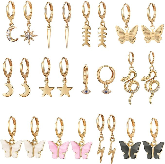 9/10/12 Pairs Gold Small Hoop Earrings Pack with Charm-Silver Mini Hoop Dangle Earrings with Char... | Amazon (US)