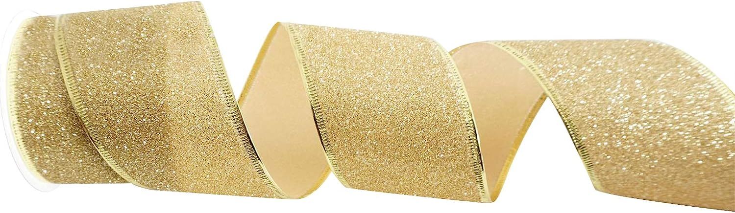 Gold Ribbon, 2.5 Inch Christmas Ribbon Wired Edge Gold Glitter Ribbon Gold Ribbon for Gift Rappin... | Amazon (US)