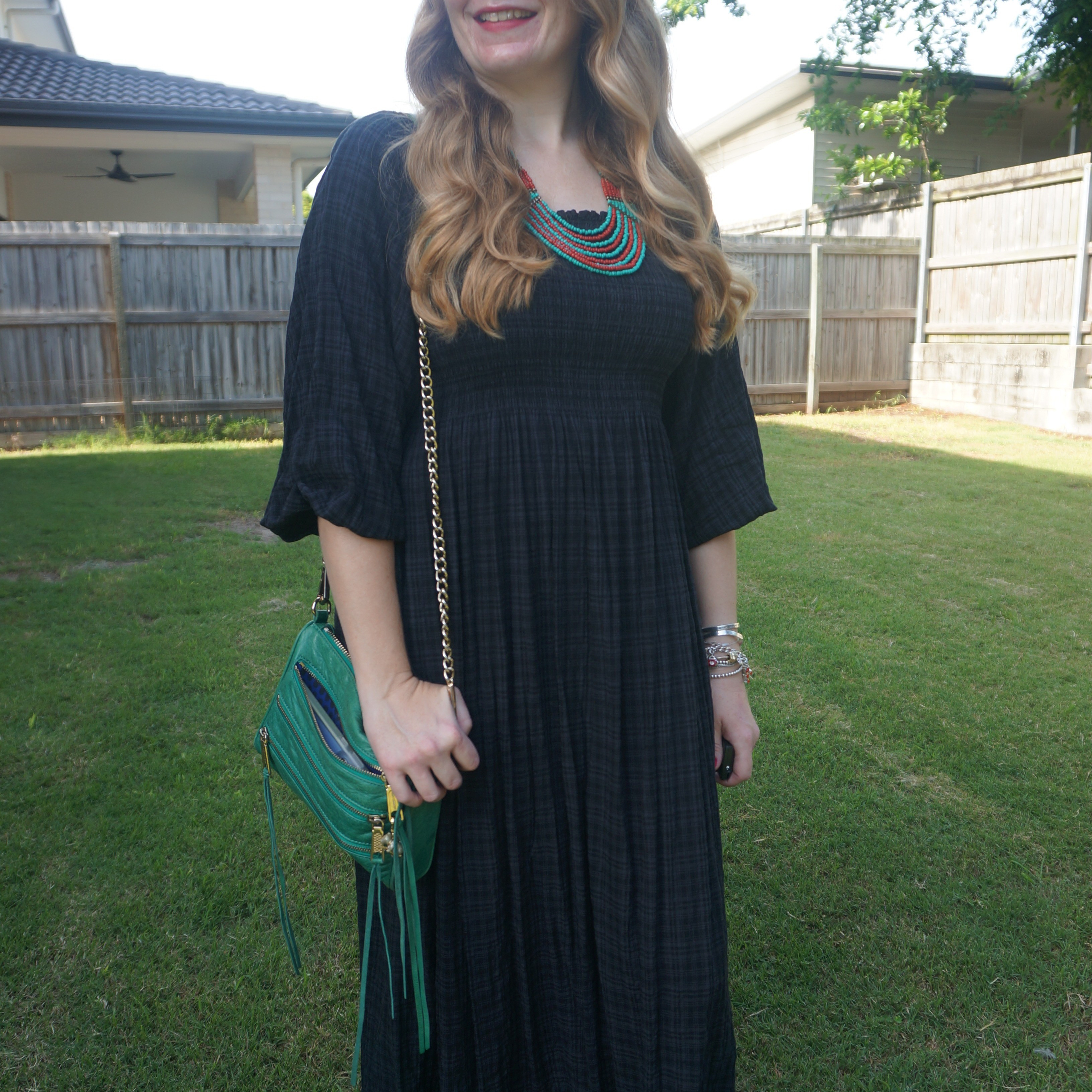 Black tartan shirred midi dress with green statement necklace and Rebecca Minkoff mini 5-zip bag 💚

#LTKfestive #LTKaustralia #LTKsummer