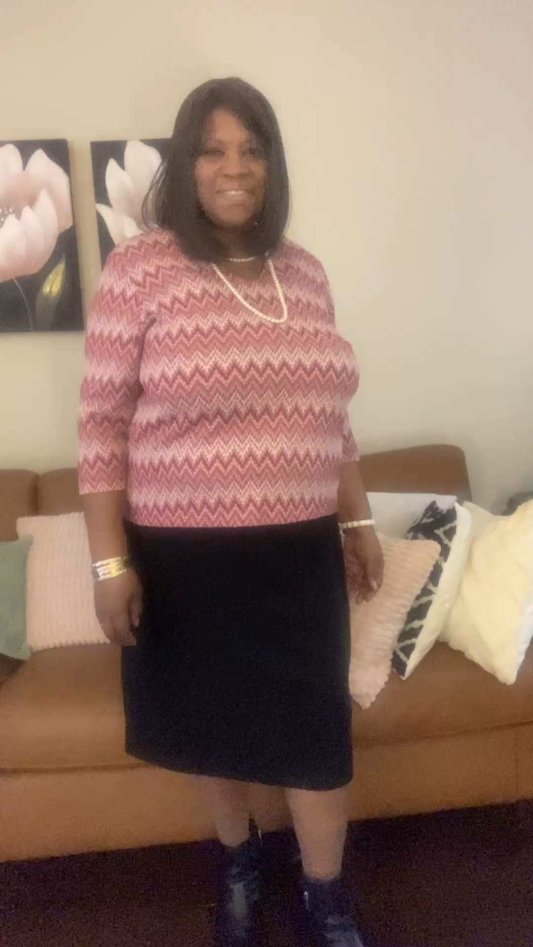 Chevron top with black skirt, pearls,and bangle bracelets with black boots. #ad  

#LTKPlusSize #LTKootd #LTKOver40