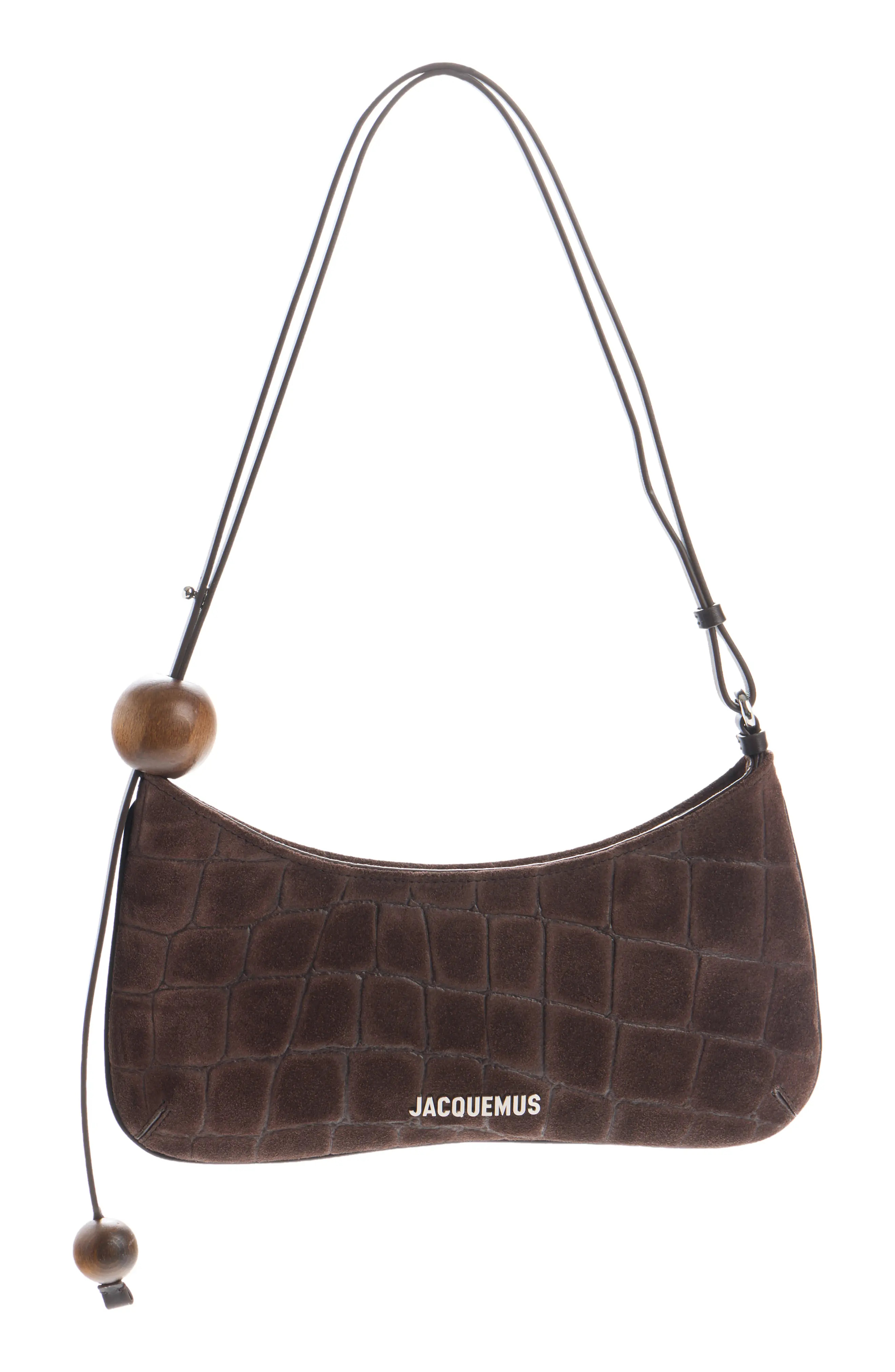 Jacquemus Le Bisou Perle Croc Embossed Suede Shoulder Bag in Dark Brown 880 at Nordstrom | Nordstrom
