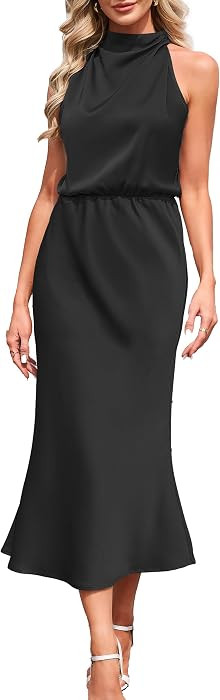 Bluetime Womens Summer Dresses Sleeveless Mock Neck Satin Maxi Dress Flowy Elegant Cocktail Wedding Guest Dress | Amazon (US)