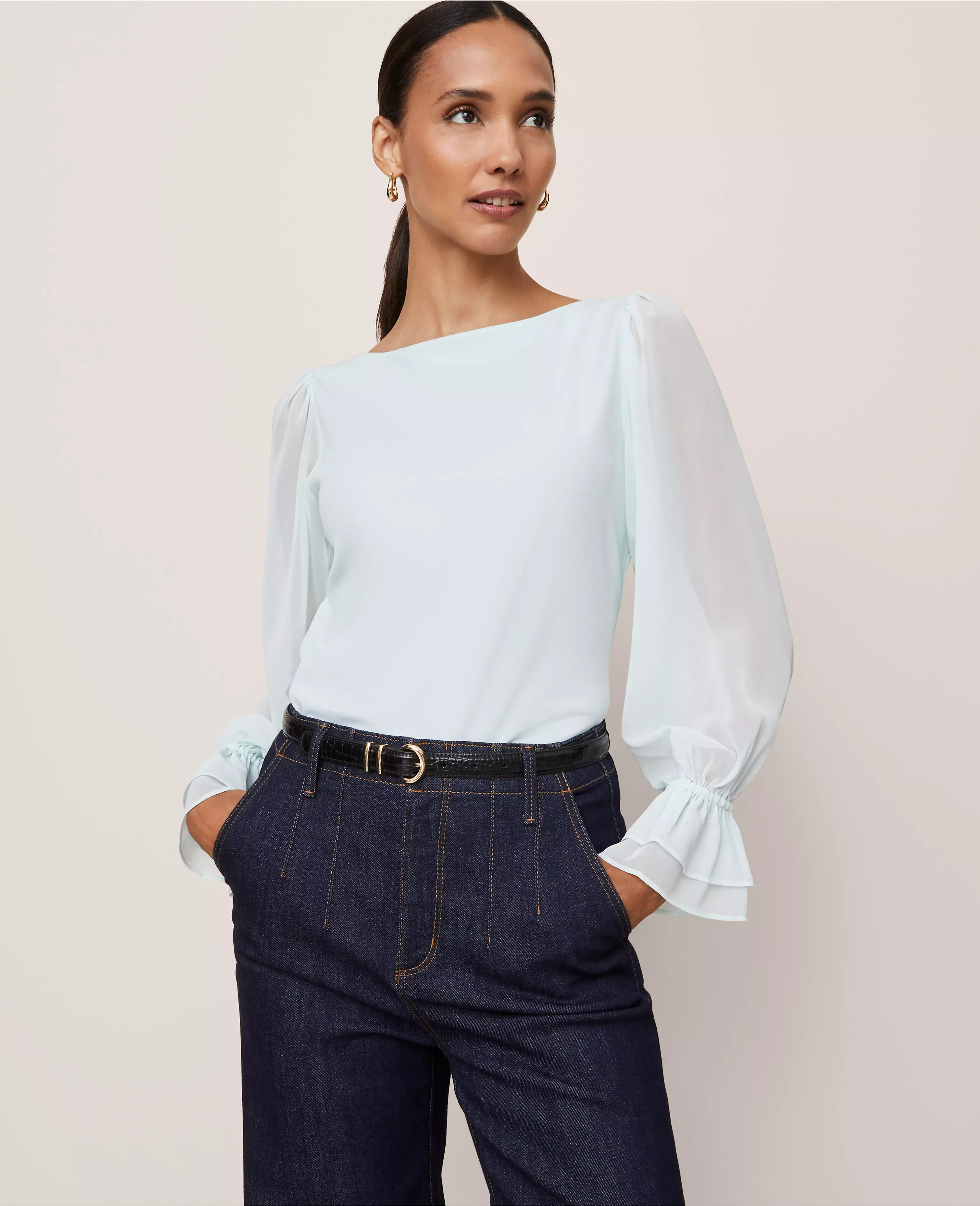 Mixed Media Pleated Sleeve Top | Ann Taylor