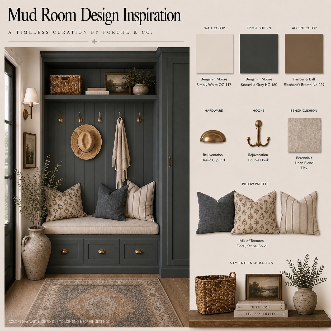 Soft whites, moody blue-gray built-ins, and warm brass accents come together in this timeless mudroom design. ✨

This mudroom features Benjamin Moore Simply White walls, Knoxville Gray built-ins, Elephant’s Breath accents, and thoughtfully layered natural textures to create a welcoming space that blends everyday functionality with classic design.

Featured finishes:

* Benjamin Moore Simply White OC-117 walls
* Benjamin Moore Knoxville Gray HC-160 trim & built-ins
* Farrow & Ball Elephant’s Breath No.229 accent color
* Classic aged brass cup pulls & double wall hooks
* Linen blend bench cushion in Flax
* Layered floral, stripe, and solid performance pillows
* Woven storage basket
* Vintage-inspired area rug
* Warm white oak flooring
* Modern traditional mudroom design
* Neutral mudroom inspiration

A beautifully organized space where timeless finishes, practical storage, and inviting details come together to create an entryway you’ll love coming home to. 🤍

#Mudroom #MudroomDesign #MudroomInspiration #BenjaminMoore #SimplyWhite #KnoxvilleGray #ElephantsBreath #ModernTraditional #NeutralInteriors #BuiltInCabinetry #HomeOrganization #EntrywayDesign #InteriorDesign #BrassHardware #WhiteOakFloors #TimelessDesign #HomeDecor #CustomBuiltIns #PorcheAndCo #LuxuryInteriors #InteriorInspiration #HomeStyling #DreamHome

#LTKvlog #LTKHome #LTKdayinmylife