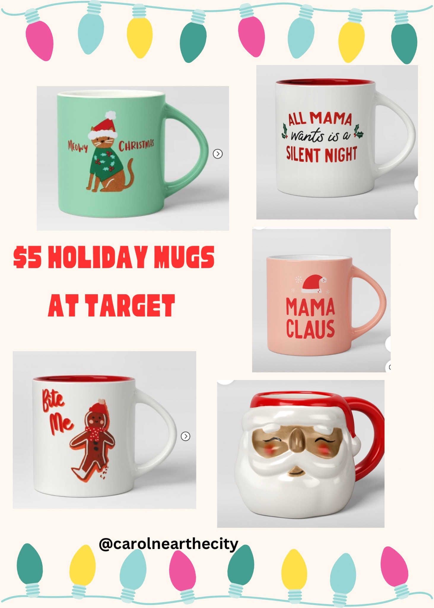 $5 Holiday Mugs at Target!  These Christmas mugs make cute hostess gifts or a teacher’s gift when you fill them with goodies!  

#hostessgift #teachersgift #holidaygift #christmasmug #cutemugs

Cute mugs | stocking stuffers 

#LTKHoliday #LTKSeasonal #LTKGiftGuide