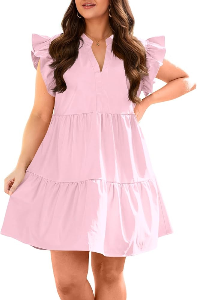 Fisoew Plus Size Dresses for Women Summer Ruffle Short Sleeve V Neck Dress Tiered Swing A Line Ba... | Amazon (US)