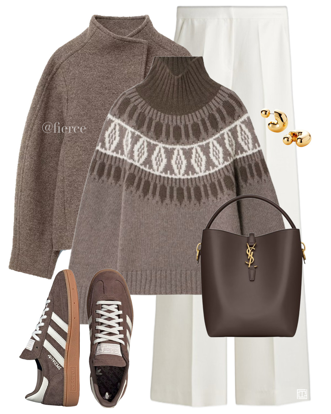 taupe beige wool jacket fair isle taupe jumper white tailored trousers taupe beige adidas spezial ysl chocolate brown bucket bag casual outfit weekend shopping Christmas market winter vacation city break countryside break 

 #LTKautumn 

#LTKuk #LTKwinter