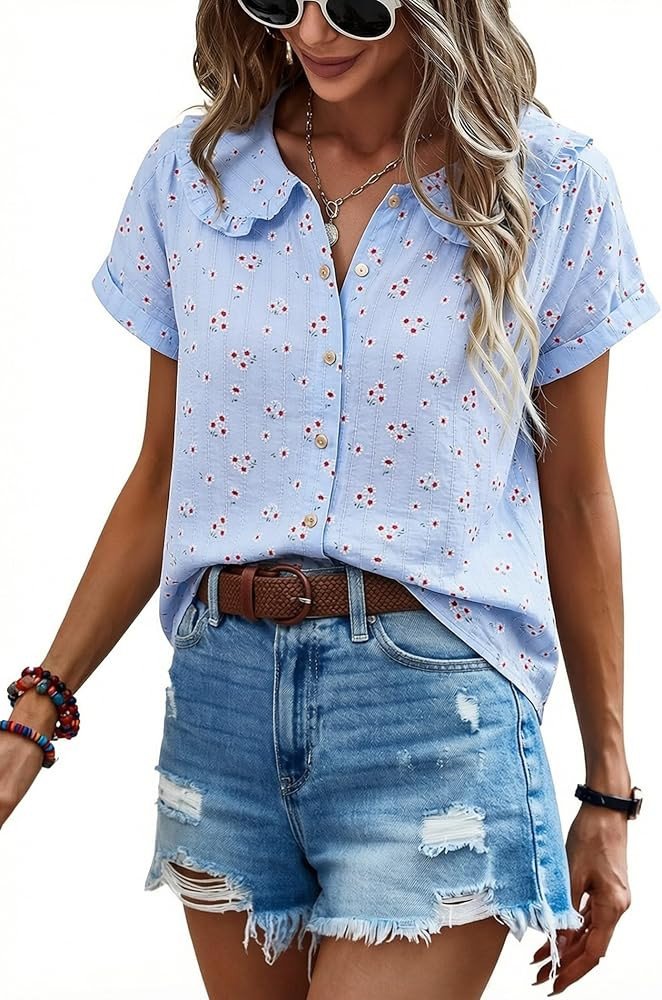 ECOWISH Women's Button Up Shirt - Peter Pan Collar Frilled Short Sleeve Summer Tops Casual Cotton... | Amazon (US)