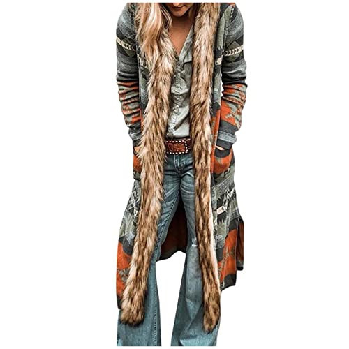 Women's Winter Long Jacket Open Front Coat Cardigan Vintage Western Coats Faux Fur Trim Parka Outerwear with Pockets Orange | Amazon (US)