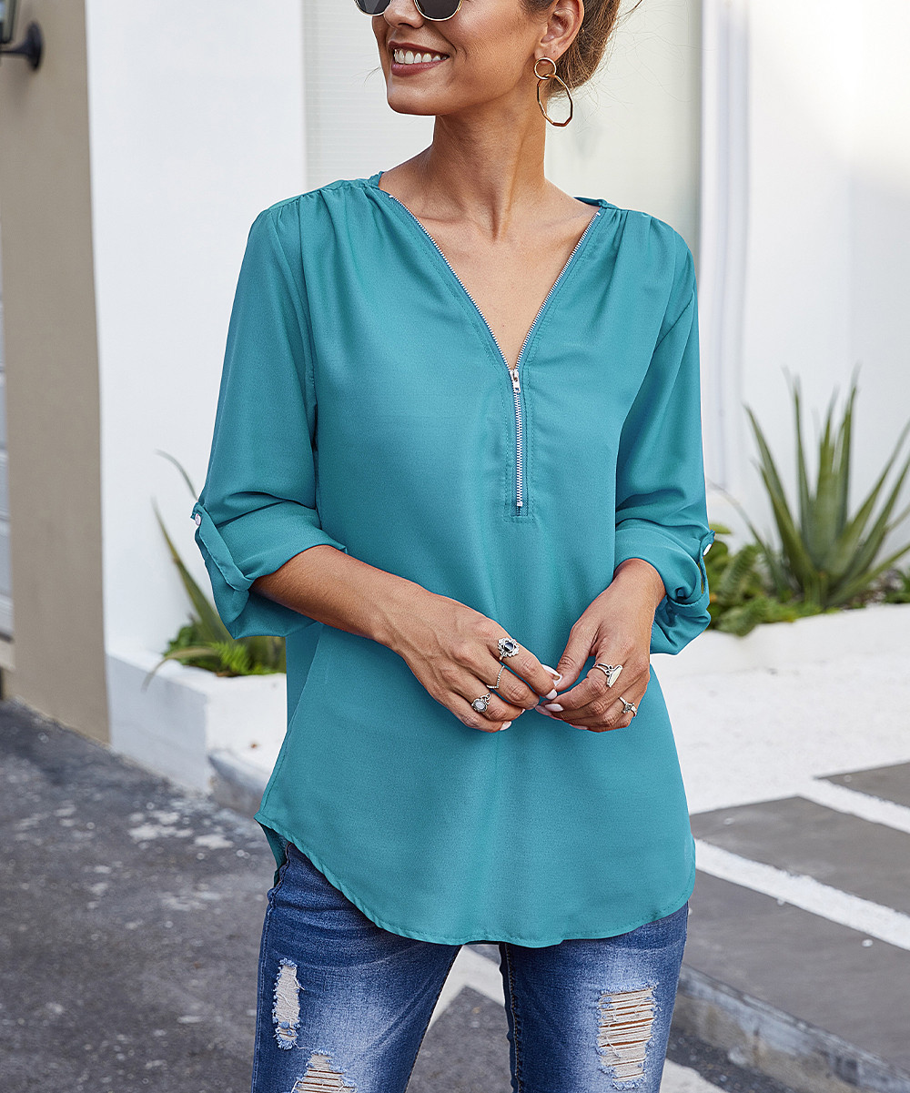 Basico Women's Blouses Sky - Sky Blue Zip-Neck Roll-Tab Tunic - Plus | Zulily