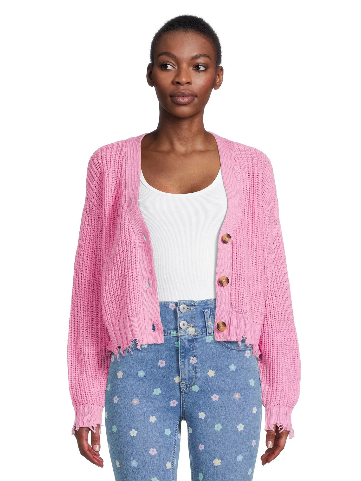 No Boundaries Juniors Frayed V-Neck Cardigan, Midweight | Walmart (US)