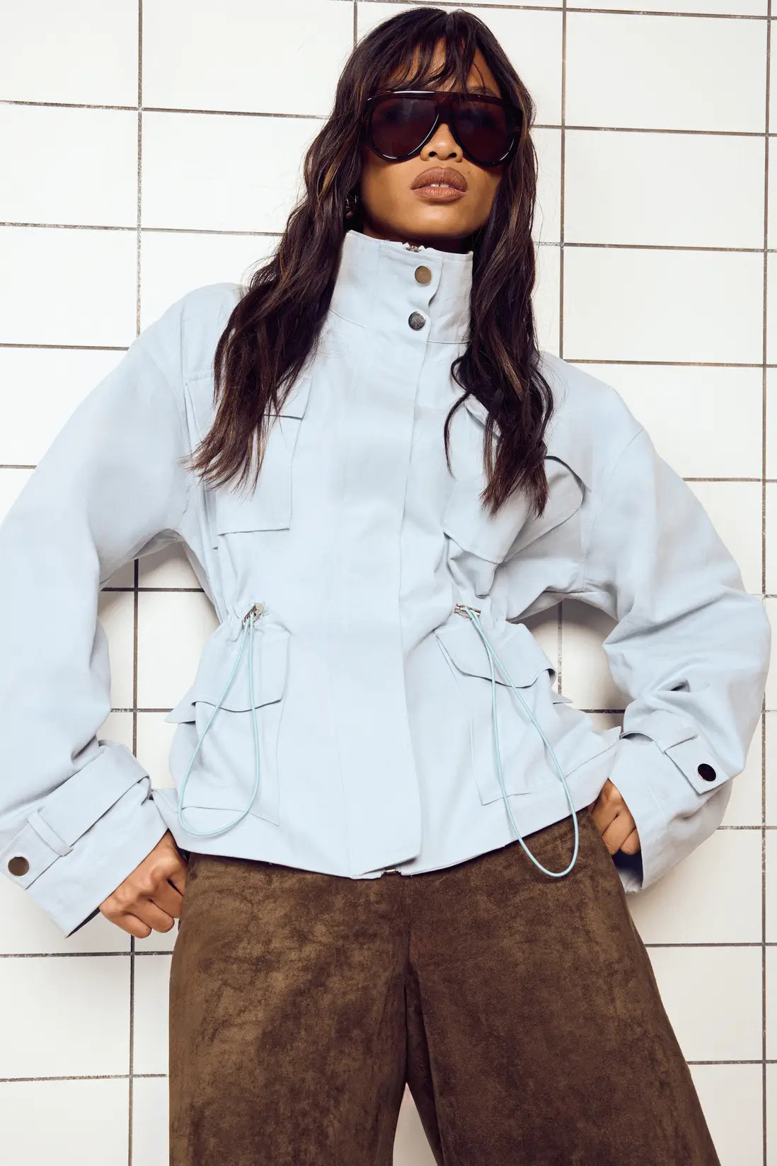 Baby Blue Twill Funnel Neck Cinched Waist Shirt | Boohoo | Boohoo.com (UK & IE)