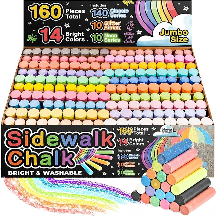 160 PCS Sidewalk Chalk for Kids - 14 Colors, 10 Glitter, 10 Neon Non-Toxic Washable Jumbo Chalks ... | Amazon (US)