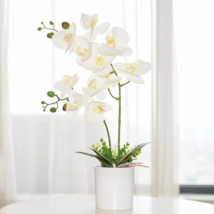 Artificial Orchid Flower Potted, 16.9" White Orchid in Pot Faux Orchid Plant with Orchid Stem Art... | Amazon (US)