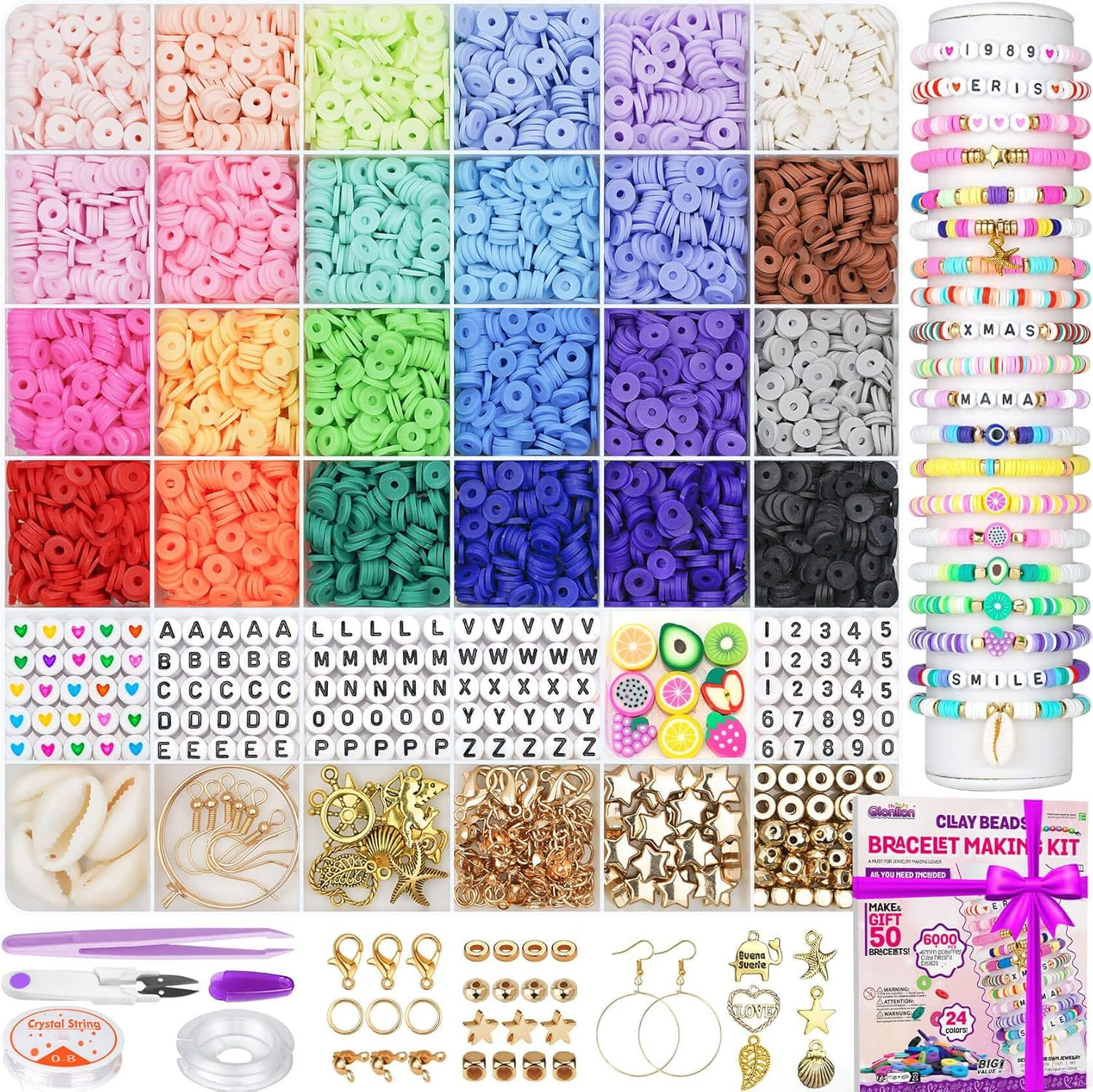 Gionlion 6000 Clay Beads Bracelet Making Kit, 24 Colors Flat Preppy Beads for Friendship Bracelet... | Amazon (US)