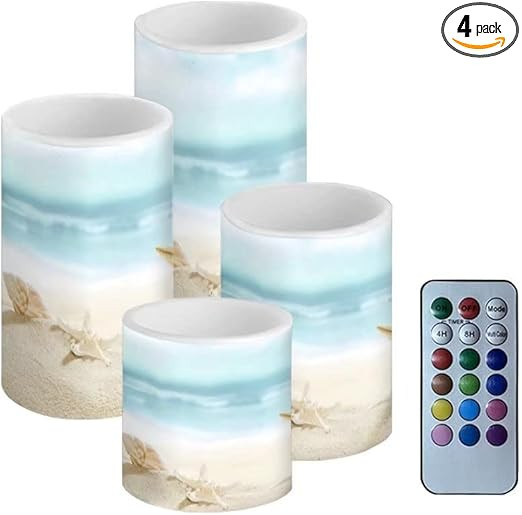 Beach Starfish Seashell Flameless LED Battery Candles 4 Pieces Pillar Fake Candles with Colored L... | Amazon (US)