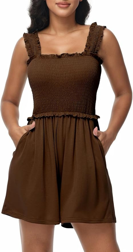 Tanou Women's Summer Casual Smocked Rompers Square Neck Sleeveless Loose Short Jumpsuit Flowy Bea... | Amazon (US)