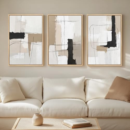 Framed Neutral Abstract Wall Art Set of 3, Modern Black and White Beige Canvas Prints Paintings Artwork for Walls, Minimalist Pictures for Bedroom, Living Room, Dining Room Wall Decor 16x24 In | Amazon (US)