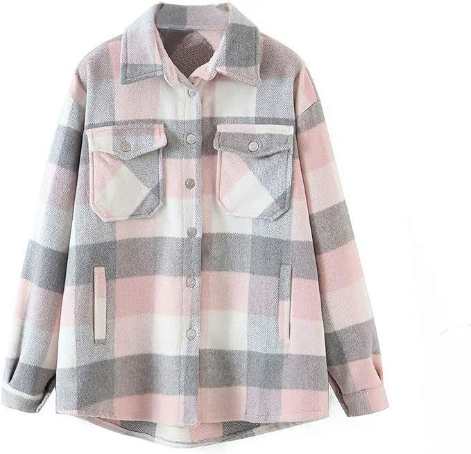 Women's Girl Plaid Button Down Long Sleeve Shacket Jacket Coat Warm Shirt Blouse Casual Outwear w... | Amazon (US)