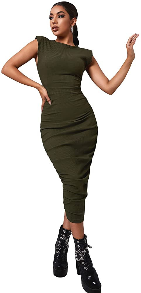 WDIRARA Women's Ruched Bodycon Ribbed Knit Sleeveless Shoulder Pad Round Neck Casual Midi Dress | Amazon (US)