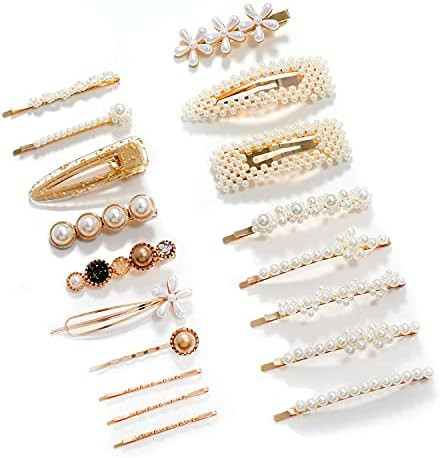 Women Hair Accessories 18PCS Handmade Simulation Pearl Barrettes Clip Set Geometric Flower Bobby hai | Amazon (US)