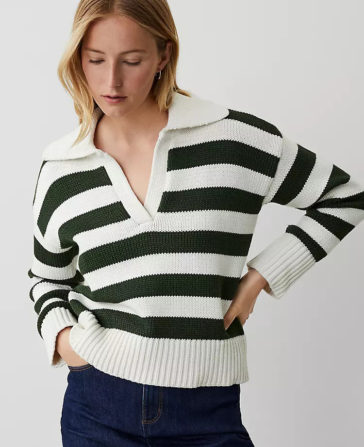 Petite Weekend Collection Stripe Collared Sweater | Ann Taylor