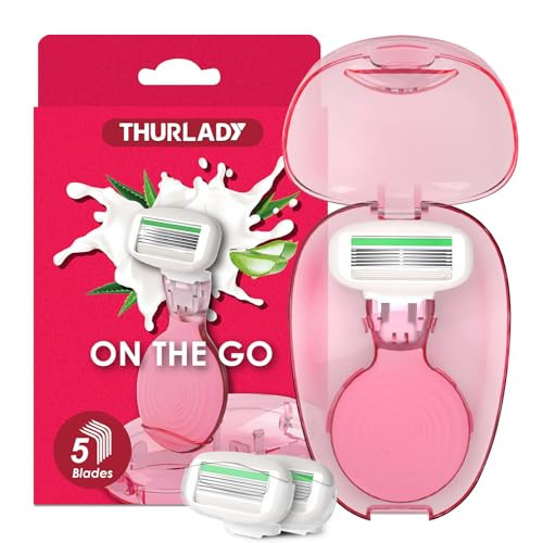 THURLADY Travel Essentials Razors for Women, 5-Blade Womens Razors for Shaving, Travel Size Toiletries Women Razor Kit, Includes 1 Mini Handle with 3 Refills & 1 Case, Extra Smooth Shave (Cherry Pink) | Amazon (US)