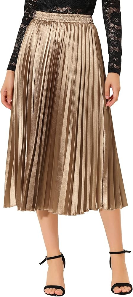 Allegra K Women's Party Elastic Waist Metallic Shiny Accordion Pleated Midi Skirt | Amazon (US)
