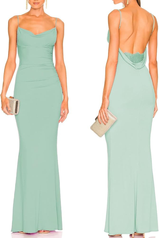 Capuffy Women Drape Neck Formal Maxi Dresses Lace Backless Cocktail Party Dress Spaghetti Straps ... | Amazon (US)