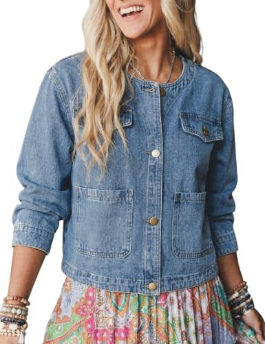 Womens Collarless Denim Jacket Crop Button Down Casual Fall Coat | Crew Neck Button Jean Coat wit... | Amazon (US)