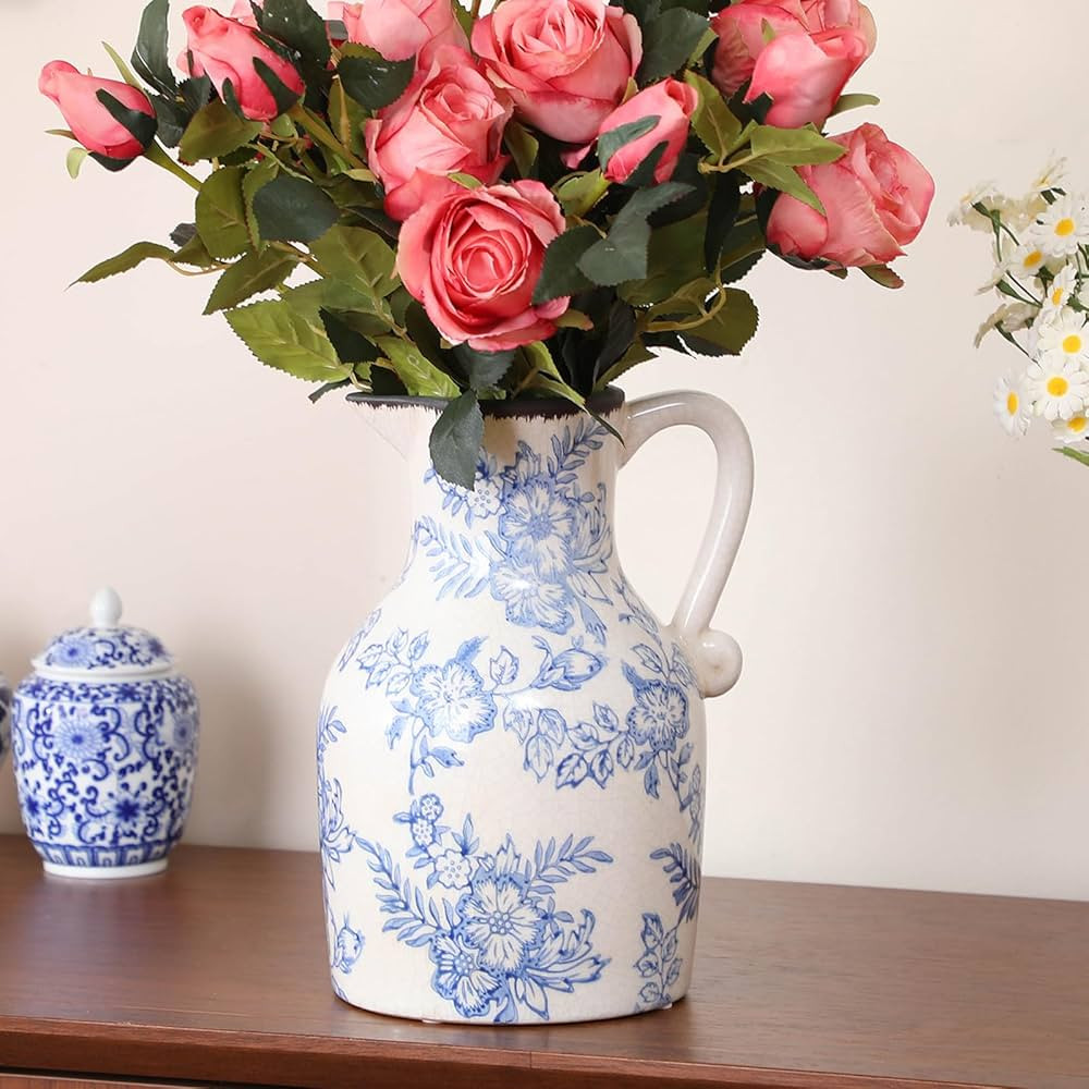 Blue and White Ceramic Pitcher Vase Porcelain Chinoiserie Floral Vase Retro Ice Cracked Ceramic C... | Amazon (US)